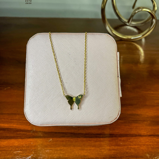 Butterfly Charm Necklace – Gold Finish, Stainless Steel with Monogram Detail