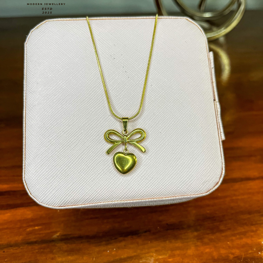 Heart & Bow Pendant Necklace – Gold Finish, Romantic Elegance
