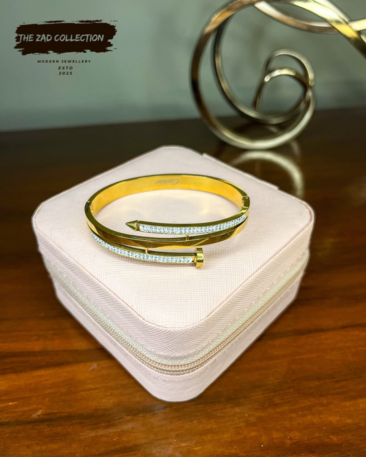 Double Nail Twist Gold Handcuff with Crystals