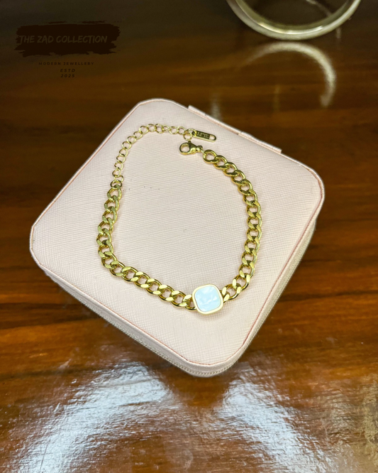 Gold Cuban Chain Bracelet with Square Gemstone Charm
